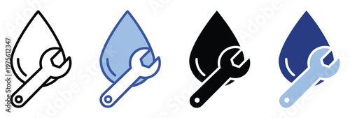 Reliable water system maintenance and faucet repair symbol showing a droplet and adjustable wrench, useful for digital product interfaces, service industry marketing, and professional