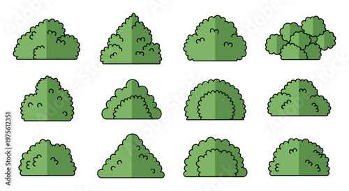 Collection of green bushes in varied shapes and sizes for garden landscape decor and outdoor nature environment game asset graphic design projects