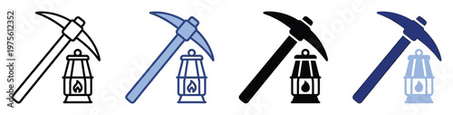 Mining pickaxe and lantern icons for various industrial applications, resource extraction visuals, or adventurous game interfaces