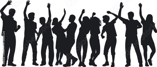 Group of dancing people silhouettes with raised hands celebrating together, energetic party crowd, joyful movement, nightlife vibe, unity and fun