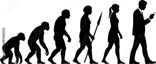 Human evolution silhouettes from ape to modern businessman using smartphone, progression concept showing development, technology influence and transformation of contemporary lifestyle