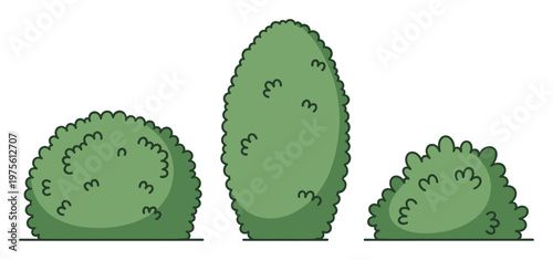 Various green garden bushes in different shapes perfect for landscaping projects, park and nature related graphics, or educational materials