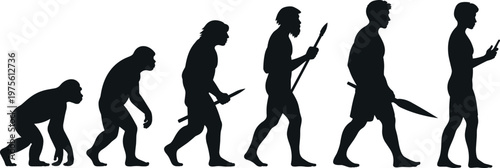 Human evolution silhouettes from ape to modern man using smartphone, progression concept showing development, technology impact and transformation of mankind