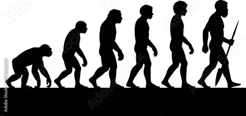 Human evolution silhouettes from ape to primitive man with spear, progression concept showing development, early survival tools and transformation of mankind