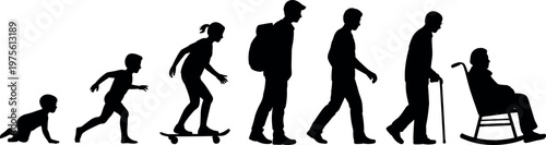 Human life cycle silhouettes from baby to elderly, stages of growth and aging, development concept showing childhood, adulthood and senior life journey