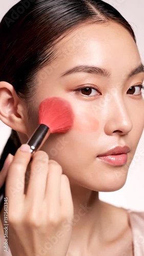 Woman applying blush to cheek with makeup brush in studio