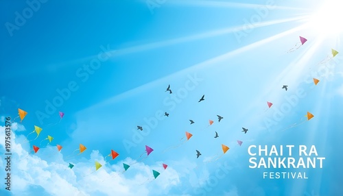 chaitra sankranti festival background with colorful kites flying in bright blue sunny sky with clouds