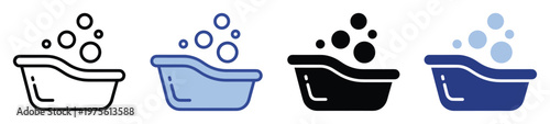 Icon set featuring various graphic styles of a baby bathtub filled with playful bubbles, perfect for childcare applications, nursery decor projects, or baby product branding.