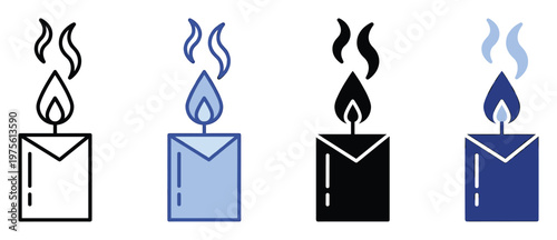 Set of glowing candle icons depicting a lit flame and rising smoke in outline, filled outline, and solid versions, suitable for spiritual, memorial, or peaceful event graphics and