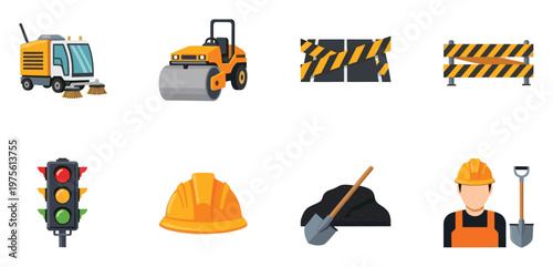 Essential road construction and city maintenance icons collection, including heavy machinery, safety elements, traffic signals, and worker gear for urban infrastructure projects
