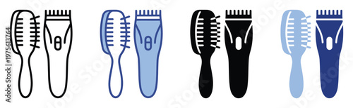 Diverse hair grooming tools collection featuring stylized icons of a brush and electric trimmer in various design styles suitable for web applications and print graphics