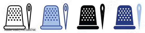 Thimble and needle icon set for various sewing, needlework, tailoring, and crafting projects representing handmade textile activities and hobby supplies