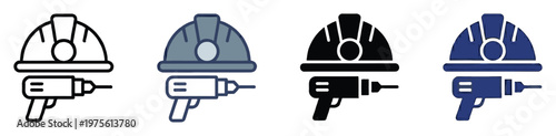Icon set featuring a hard hat and power drill symbolizing construction safety and essential work tools suitable for industrial applications and professional safety regulation graphics