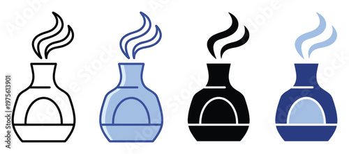 A collection of stylized inkwell or flask icons with flowing smoke or vapor representing writing creativity and scientific concepts ideal for educational graphics stationery and digital