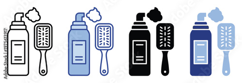 Professional hair grooming and styling essentials collection presenting a foam dispenser and paddle brush in various icon styles suitable for cosmetic product marketing applications
