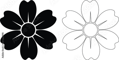 Minimalist flower logo and icon set. Black and white floral emblem designs. Five petal symmetry vector graphics for branding and decoration.