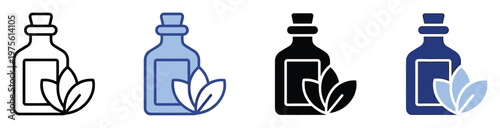 Versatile icon of a natural essence bottle adorned with plant leaves, representing organic health and beauty, ideal for web applications, branding, and promotional materials.