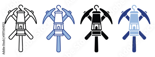 A versatile collection of mining icons depicting a traditional miners lamp and crossed pickaxes, suitable for various industrialthemed applications, educational materials, and multimedia