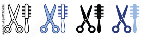 Professional barber and stylist equipment vector icons showcasing scissors and hairbrush for salon branding, beauty shop advertisements, and hairdressing instructional materials.