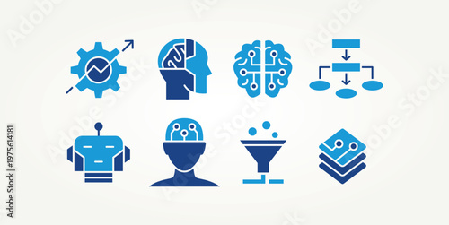 minimalist set of artificial intelligence technology flat icons vector illustration design. machine, AI brain, network and more