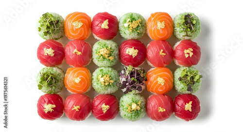 Colorful temari sushi balls arranged in a modern geometric pattern isolated on a pure white background
