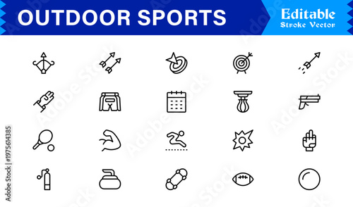 Outdoor Adventure Line Icon Set – Professional Modern Minimal Sports Symbols, Active Lifestyle Line Icon Collection