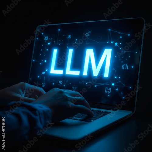 Person typing on laptop with LLM acronym glowing