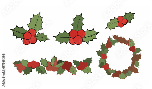 Christmas holly berry icon set vector illustration