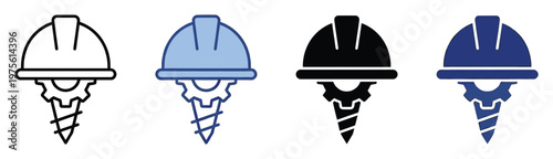 Construction hard hat with an integrated drill bit and gear emblem symbolizing industrial safety, engineering solutions, and skilled labor for business presentations, apps, and website
