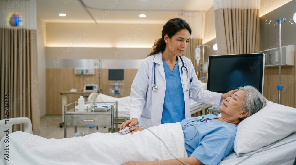 Fototapeta premium Compassionate female doctor providing gentle care and support to an elderly patient in a modern hospital room, focusing on professional healthcare and the doctor-patient relationship.