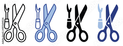 Essential sewing kit tools, featuring a sharp seam ripper and versatile scissors, presented in a diverse array of modern icon styles, perfect for craft blogs, tailoring apps and textile