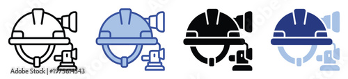 Safety helmet with headlamp and battery pack icon set in various styles, perfect for industrial safety applications, worker protection illustrations, and mining equipment graphics.