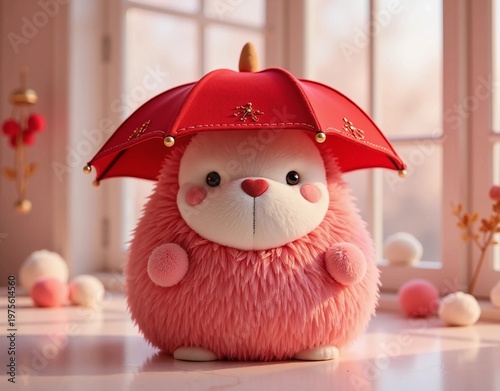 Cute Pink Fluffy Creature with Red Umbrella Hat