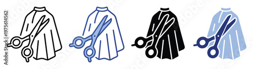 Hairdresser equipment icon depicting a styling cape and cutting shears for salon business advertisements and beauty care web graphics