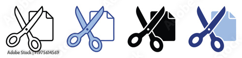 Scissors cutting paper document icons in different styles, perfect for software user interfaces, website controls, or digital content manipulation tools.