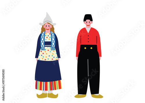 オランダの伝統的な民族衣装を着た男女のイラスト