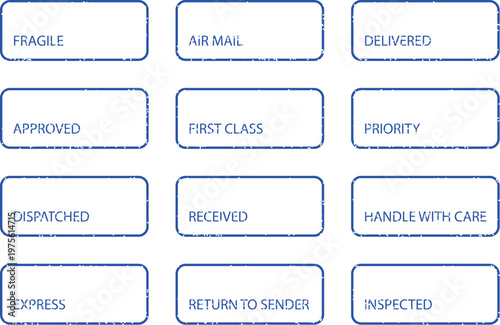 Vintage blue rubber stamp set with 12 shipping and office labels, distressed postal ink stamps for logistics and mail, grungy rectangular frame icons for packaging and document verification