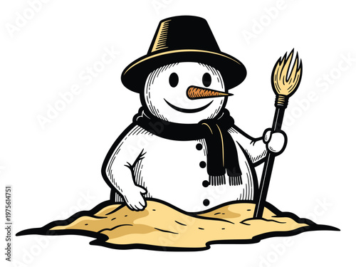 Humorous snowman character melting in warm sand with a broom an ironic winter season graphic for seasonal promotions or environmental messaging