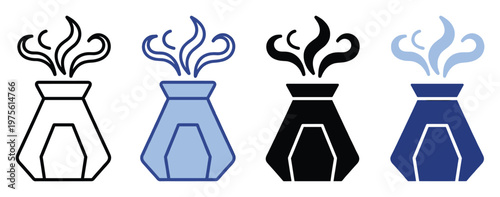 A set of aroma diffuser icons with swirling steam, ideal for wellness applications, spa services, home fragrance product branding, and relaxation UI elements.