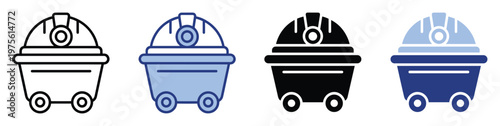 Versatile mining cart and hard hat icon set symbolizing industrial work and resource extraction, perfect for app interfaces, web graphics, and safety presentations