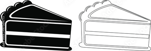 Two-layer chocolate cake with white frosting vector illustration. Slice cut out revealing moist layers. Minimalist black and white dessert design for menus and packaging.