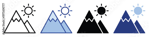 A collection of stylized mountain and sun icons in various colors and styles ideal for representing outdoor activities, weather conditions, or travel destinations in web and application