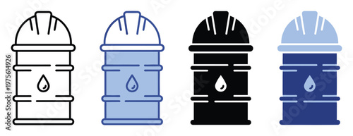 Industrial oil barrel with safety hard hat and fuel drop symbol representing petroleum production and worker protection for energy business graphics and infographic design elements
