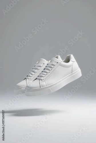 Floating White Leather Sneakers on Gray Background