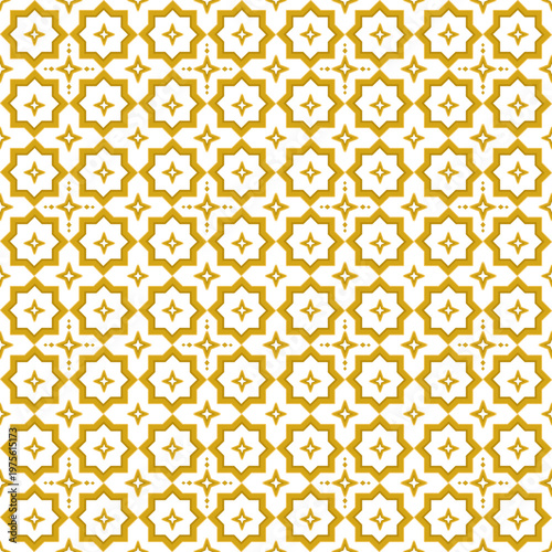 Seamless Golden Geometric Star Pattern on White. Elegant Ornamental Repeat Tile Design. Abstract Decorative Background.