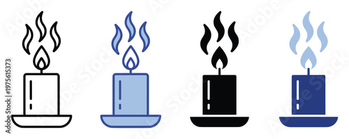 A collection of stylized burning candle icons with a vibrant flame symbolizing light, warmth, and spirituality, perfect for app interfaces, graphic design projects, and festive occasion