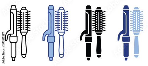 Professional hair styling tools including a curling iron and a round brush, perfect for beauty salon service menus and essential hair care product illustrations.