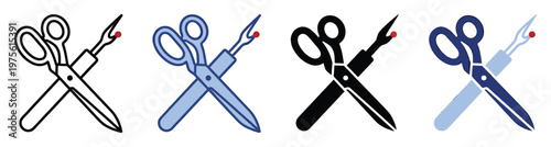 Essential sewing tools featuring crossed scissors and a seam ripper presented in various styles suitable for textile crafts fabric projects and clothing repair applications
