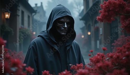 Mysterious Hooded Figure in Dark Mask Among Red Flowers