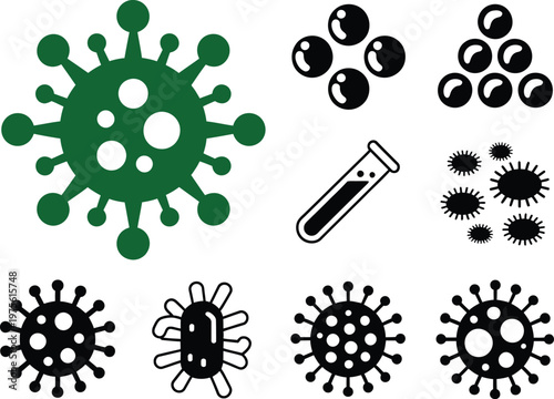 Coronavirus illustration, green COVID-19 particle with black biological microorganisms including bacteria virus test tube grid flat scientific icons